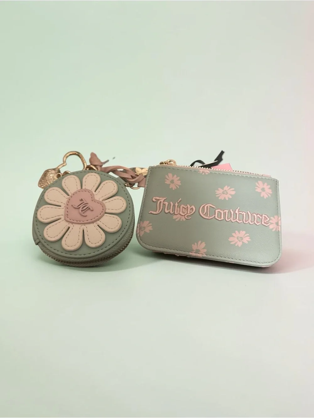 Juicy Couture Mint & Pink Floral Coin Pouch and Keyring Set